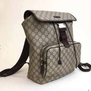 Gucci Beige Monogram Canvas Backpack with Brown Trim